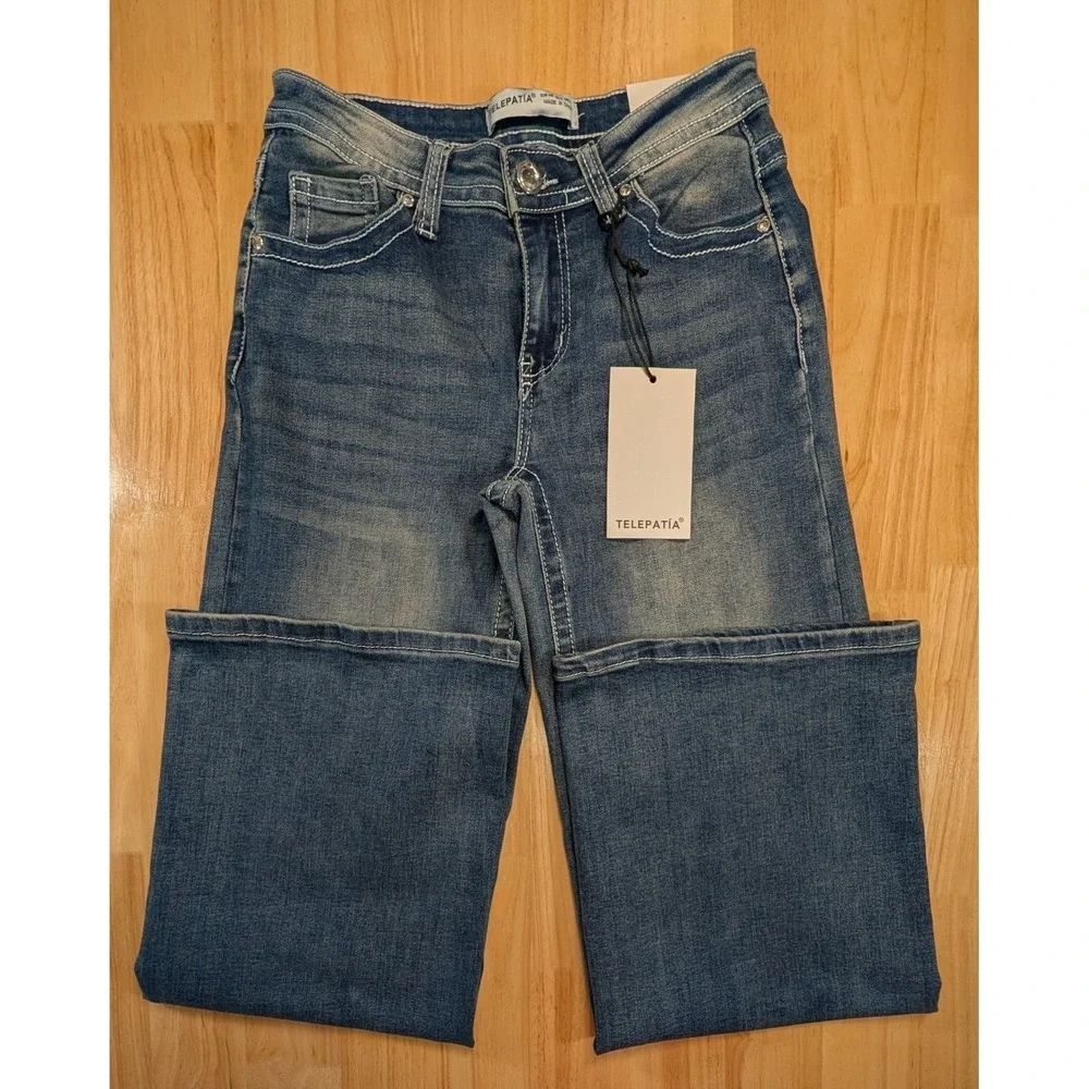 Telepatia Wide Leg Jeans Blue Denim Rhinestone Button GR25015 Mens Size 7/28 NEW